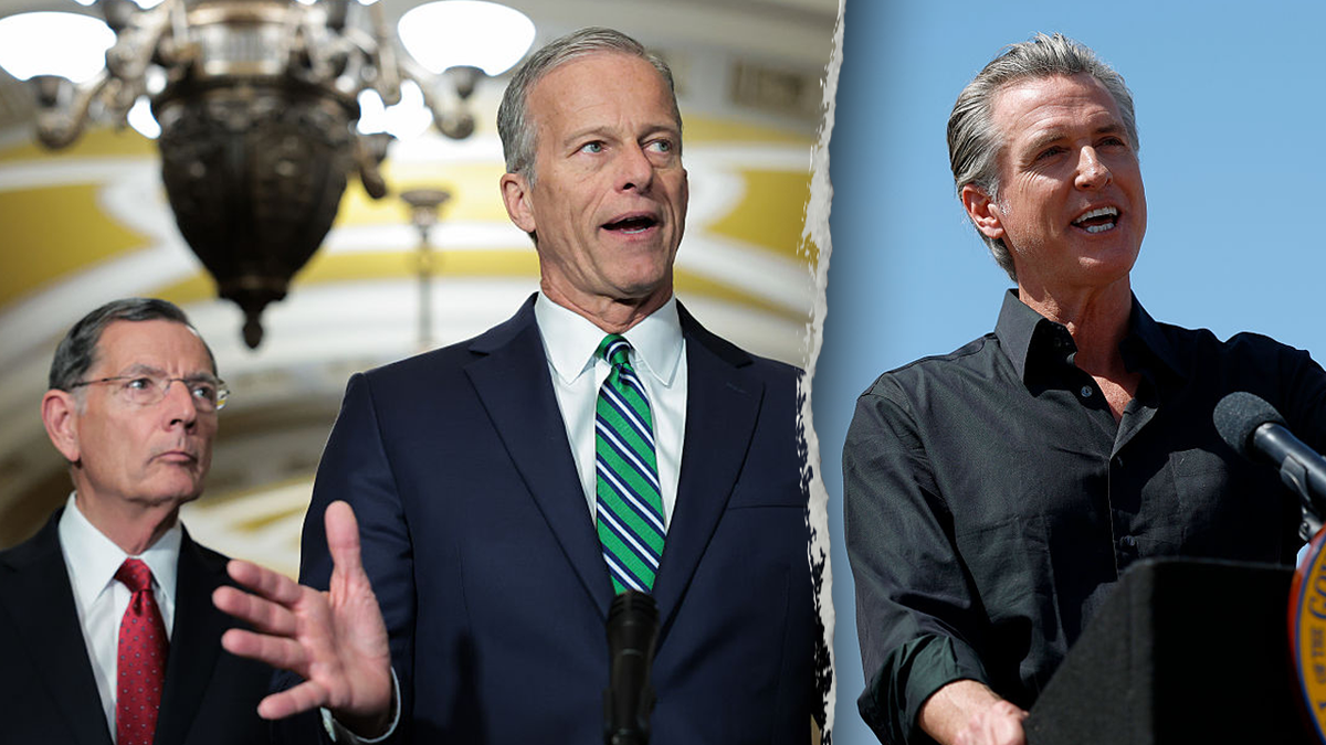 Sen. Thune with Sen. Barrasso, left; Newsom, right