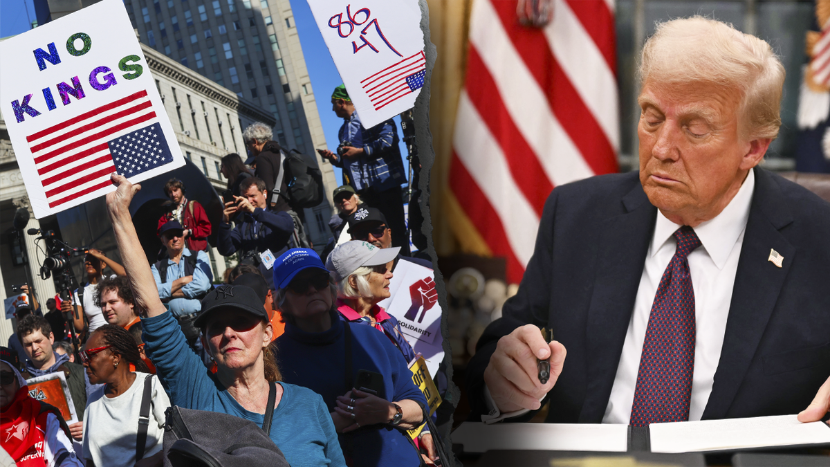 A split image of protesters demonstrating against President Donald Trump's early months of his second presidential term, and President Donald Trump signing an executive order at the White House. The Supreme Court will hear oral arguments Thursday, May 15, on a case involving Trump's birthright citizenship executive orders. Photos via Getty