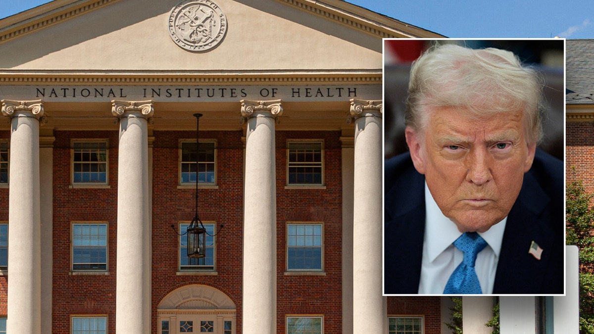NIH building, main image; right inset - President Donald Trump 