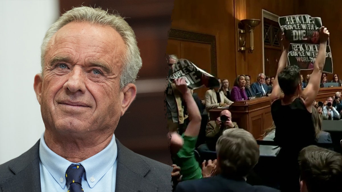RFK Jr., left; Senate hearing, right