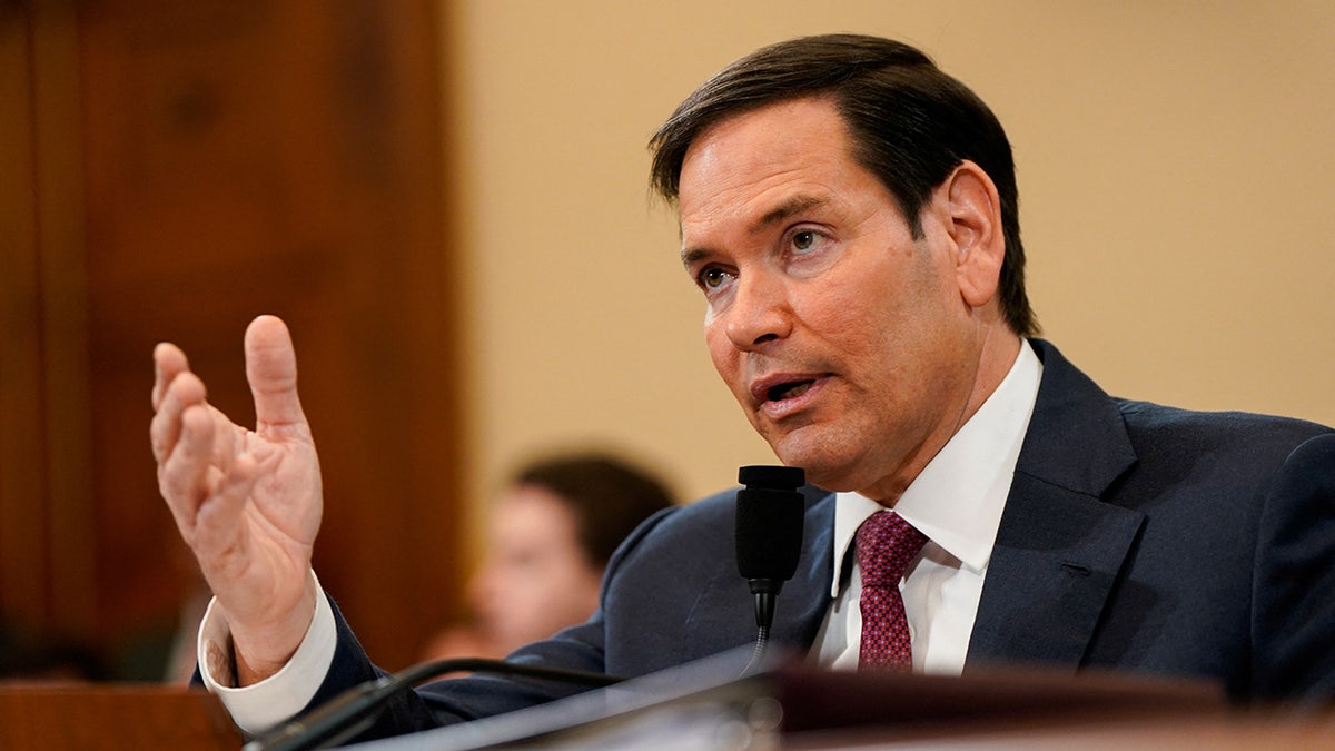 Secretary of State Marco Rubio gestures with his hand while he testifies
