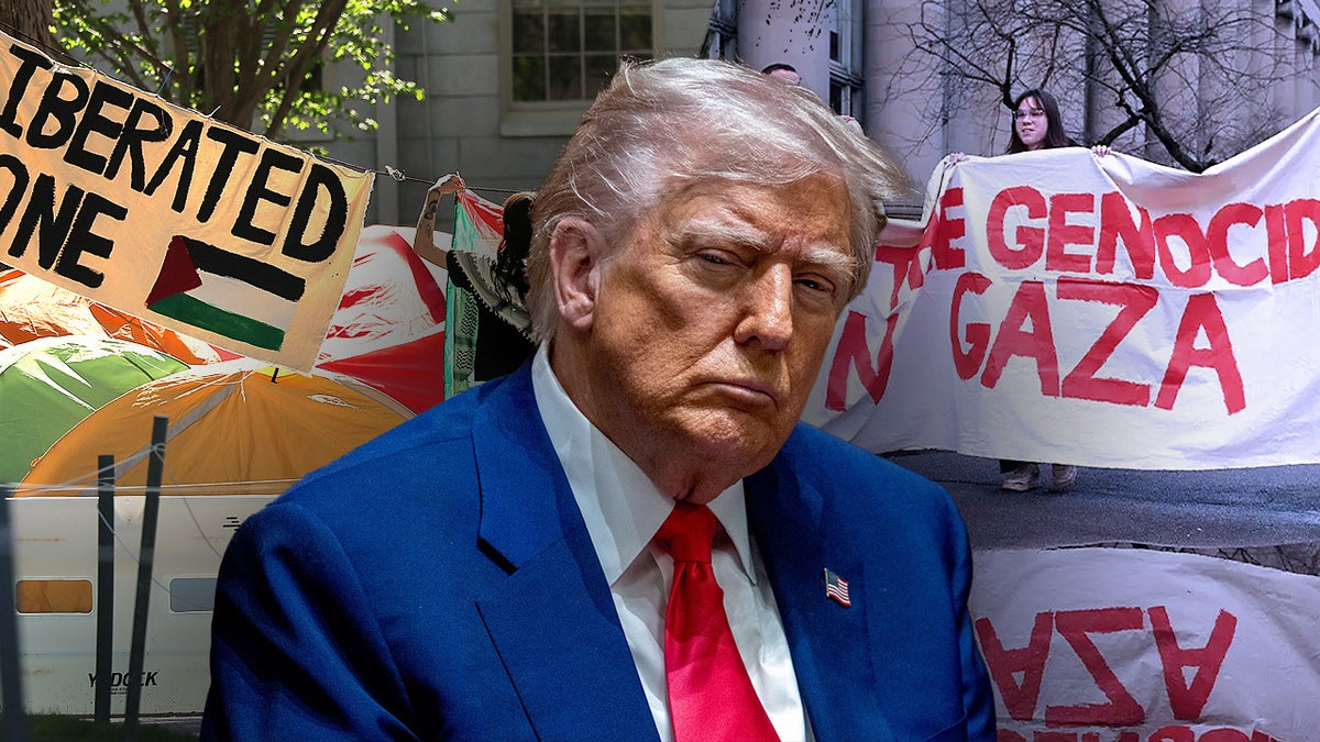 President Donald Trump pictured in an illustration with scenes from anti-Israel protests on Harvard's campus in the background. 