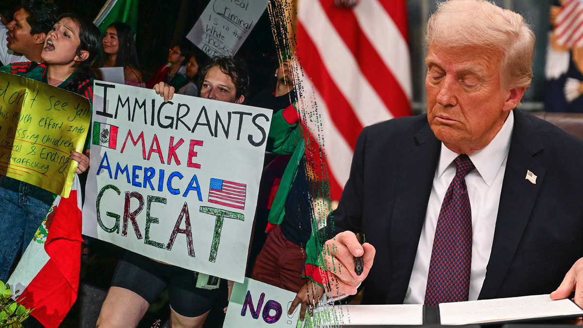 A side-by-side photo of protesters demonstrating against the Trump administration's immigration policies, and a photo of U.S. President Donald Trump signing executive orders at the White House. The Supreme Court will hear oral arguments Thursday, May 14, in a case involving birthright citizenship in the U.S. Photos via Getty Images
