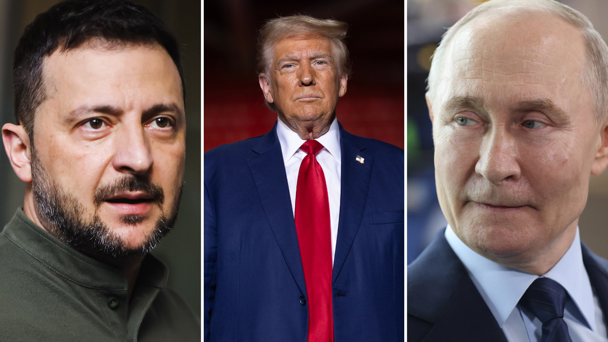 trump, putin and zelenskyy in 3-way photo split