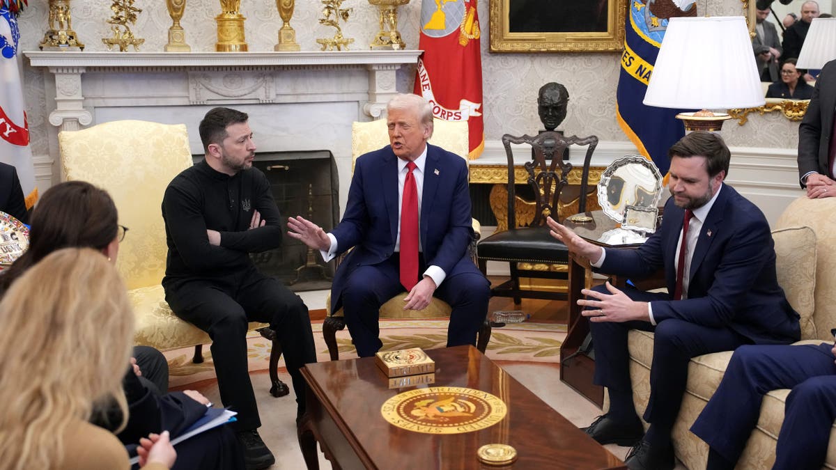 President Donald Trump, center, and Vice President JD Vance, right, meet with Ukrainian President Volodymyr Zelenskyy, left, in the Oval Office at the White House on Feb. 28, 2025, in Washington.  