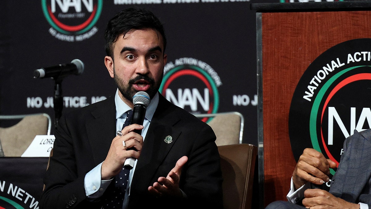 Zohran Mamdani speaking into a microphone