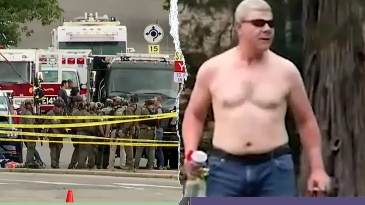 Boulder firebomb attack suspect, right; emergency responders, left