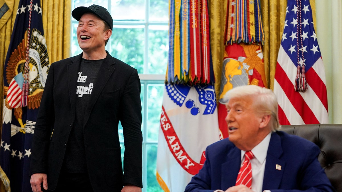 Musk in black in Oval Office, standing next to seated Trump