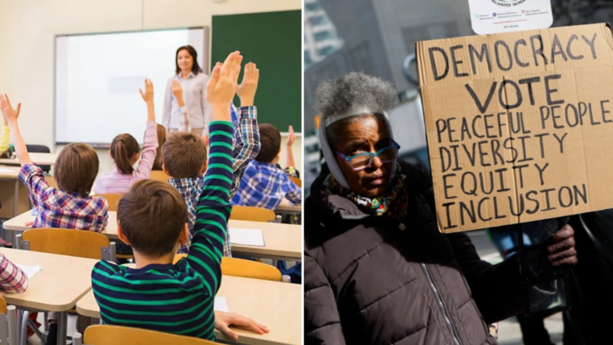 students in classroom, left; protester with sign, right