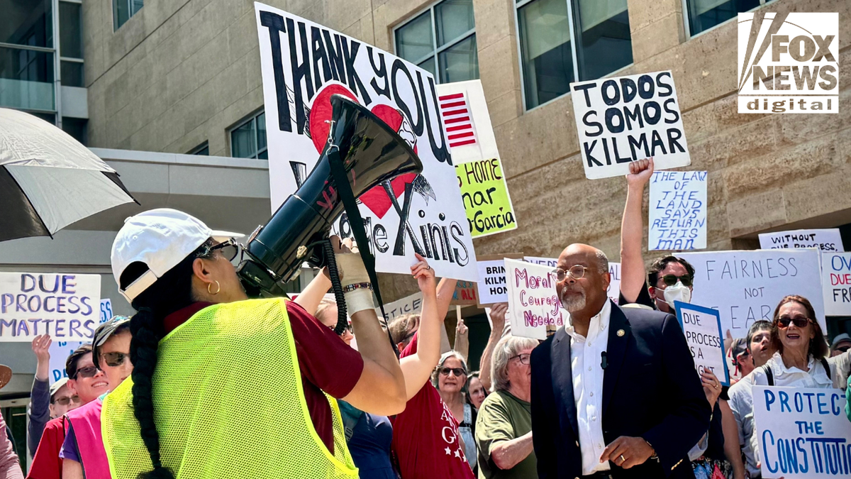 Demonstrators gather outside the U.S. District Court in Greenbelt, Md., to protest the continued detention of Kilmar Abrego Garcia, a migrant and alleged MS-13 member who was deported to El Salvador in March. 