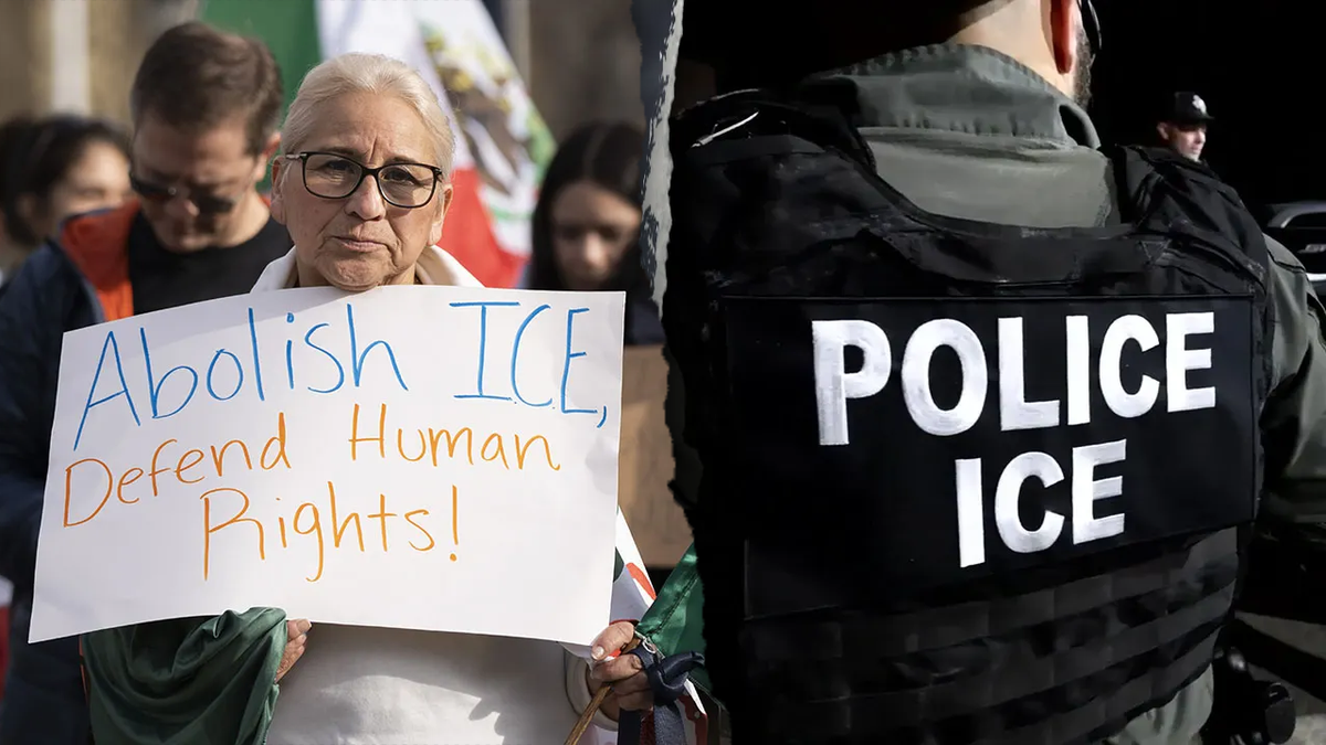 An anti-ICE protester in a side-by-side photo with an ICE officer.