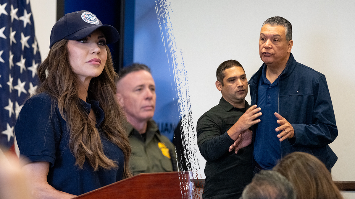 Kristi Noem in a hat standing at a podium (Left) Alex Padilla is pushed by a man (Right)
