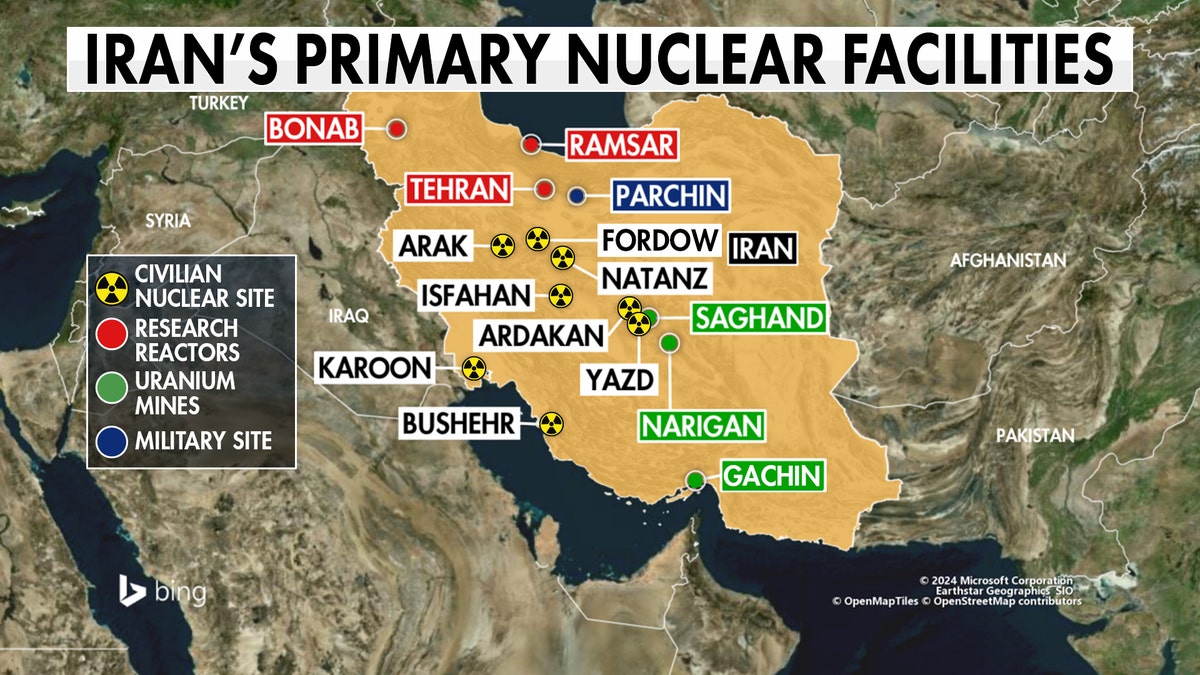 Map showing Iran's primary nuclear facilities