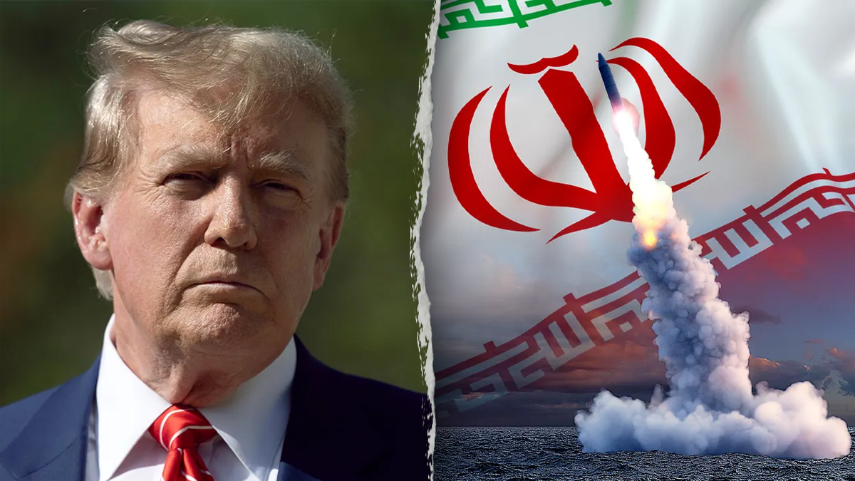 Trump looks on, left; Iran with rocket photo illustration, right