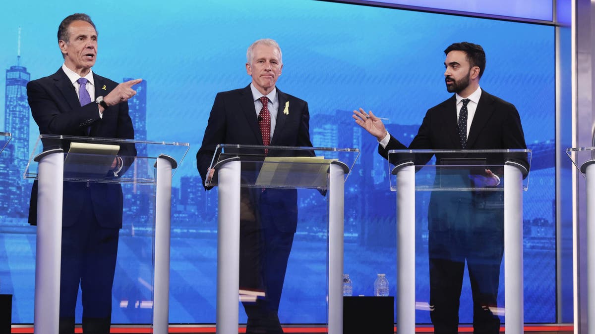 Democratic mayoral candidates Andrew Cuomo, left, and Zohran Mamdani, right, present arguments as Whitney Tilson looks on during a Democratic mayoral primary debate on Wednesday, June 4, 2025 in New York.