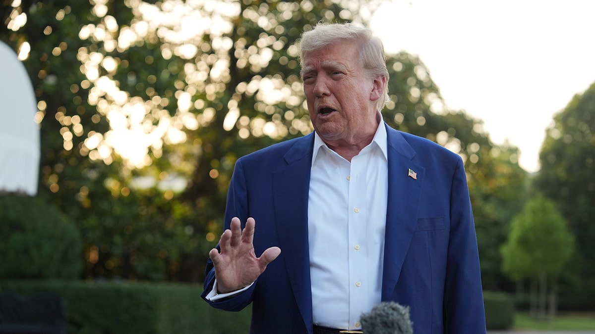 President Donald Trump speaks with reporters on the South Lawn of the White House.