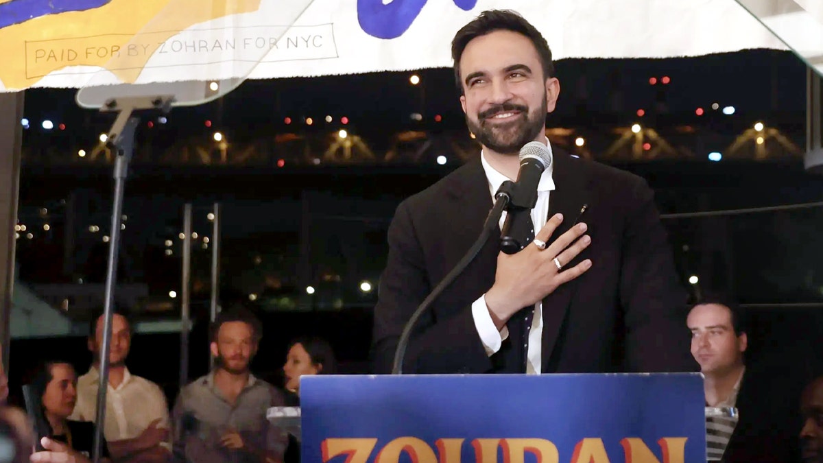 Democratic mayoral candidate Zohran Mamdani takes the stage at his primary election party on Wednesday, June 25, 2025 in New York.