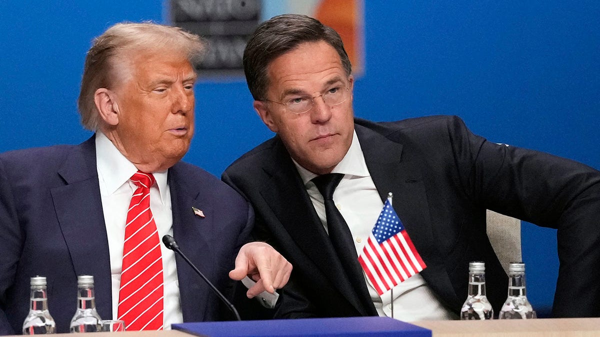 President Donald Trump and NATO Secretary General Mark Rutte speak during a NATO plenary session at the Hague.