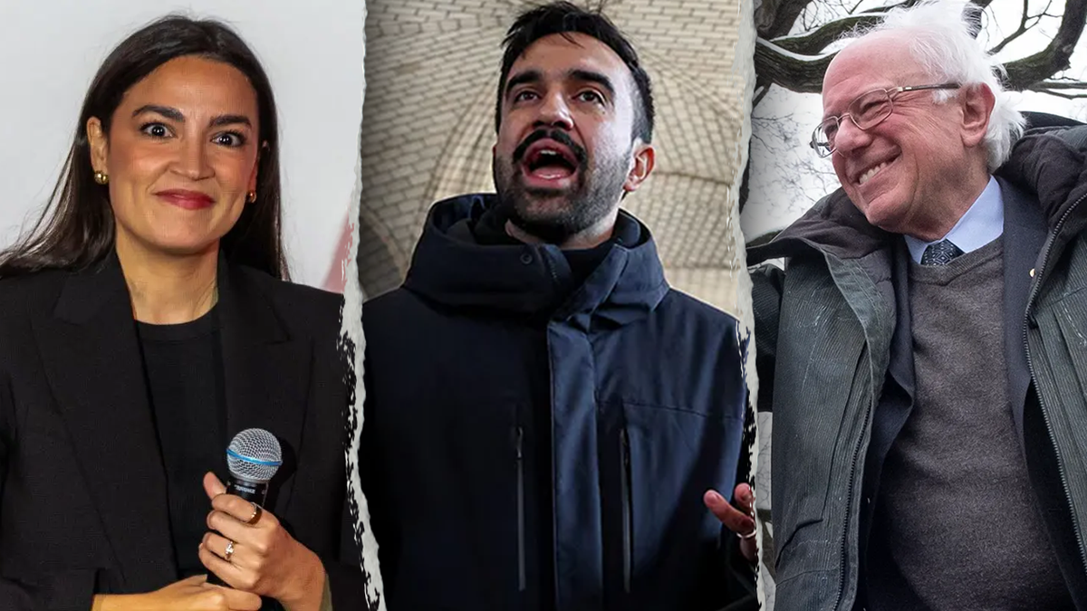 Mamdani, center, with Ocasio-Cortez in left panel, Sen. Sanders in right