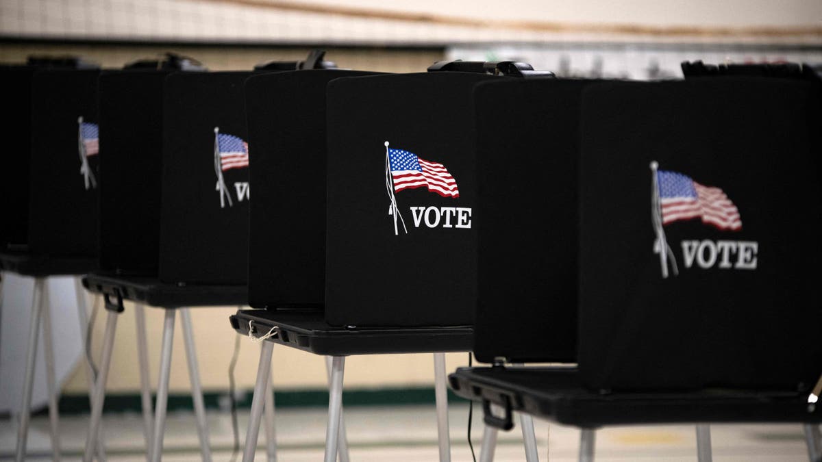 black voting carrels with flag design