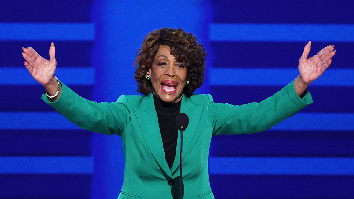U.S. Representative Maxine Waters (D-CA) gestures at the United Center, on Day one of the Democratic National Convention