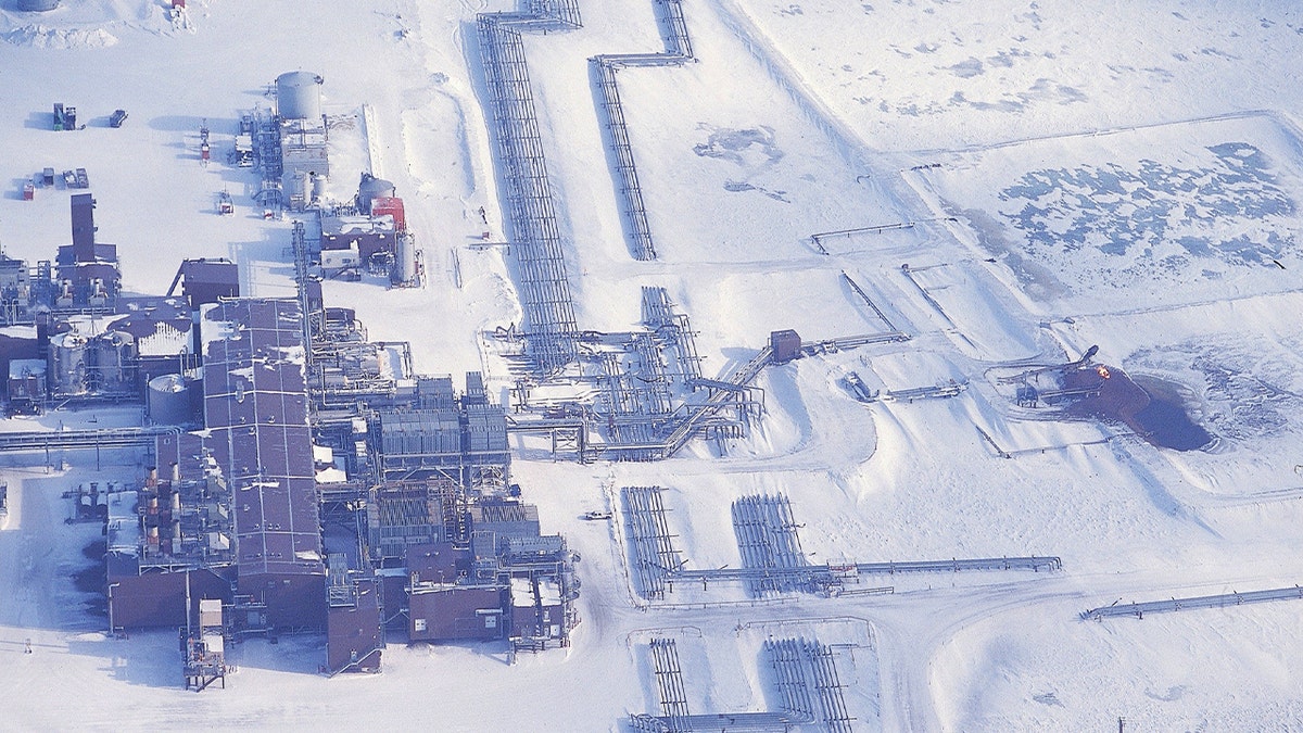 Aerial view of oil fields in Arctic National Wildlife Refuge in Prudhoe Bay, Alaska.