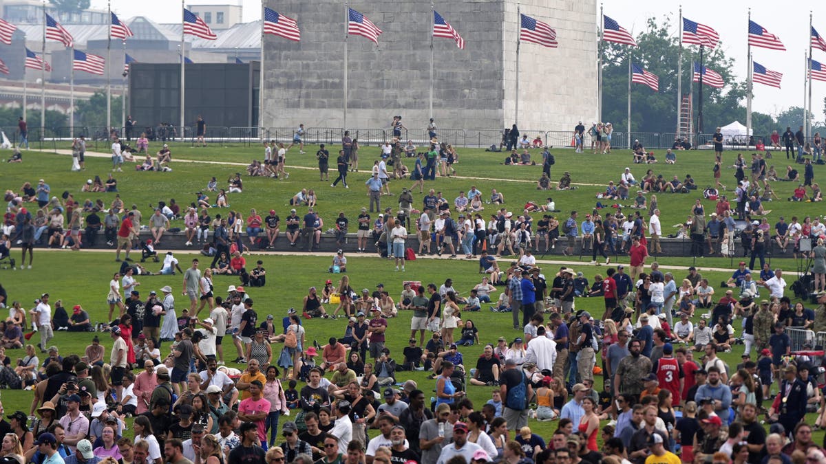 People on the lawn around the Washington Monument as President Donald Trump attends a military parade commemorating the Army's 250th anniversary, coinciding with his 79th birthday, Jun. 14, 2025, in Washington. 
