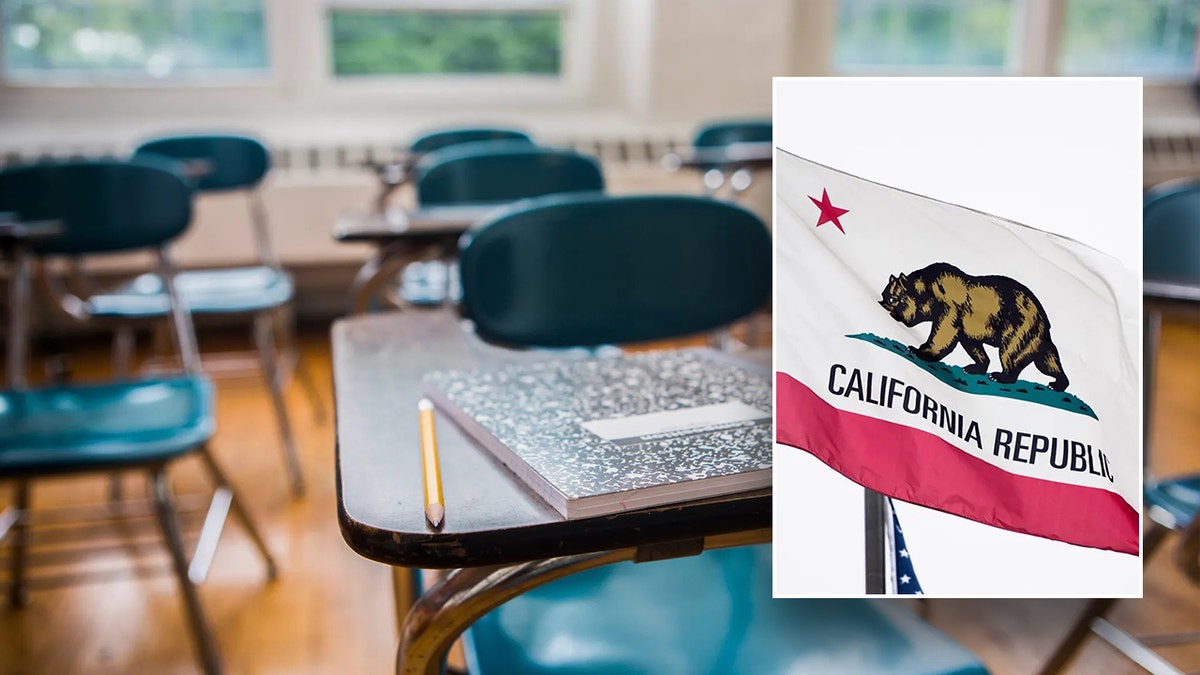 desks in school, California flag in right inset