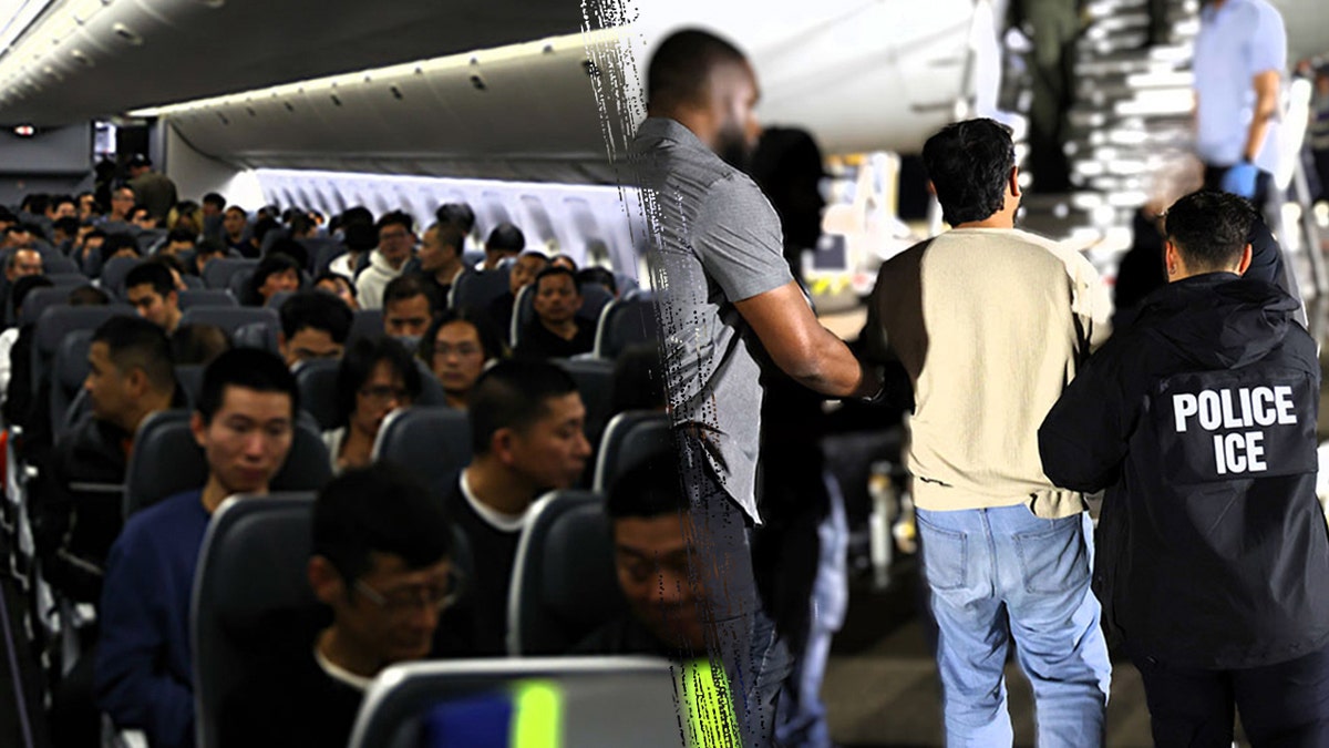 Split image showing detainees seated inside a plane on the left, and ICE agents escorting a man onto the aircraft on the right
