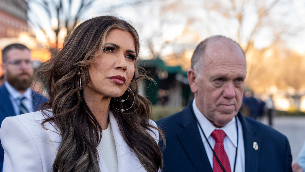 Homeland Security Secretary Kristi Noem, left, and White House border czar Tom Homan speak with reporters at the White House on Jan. 29, 2025.