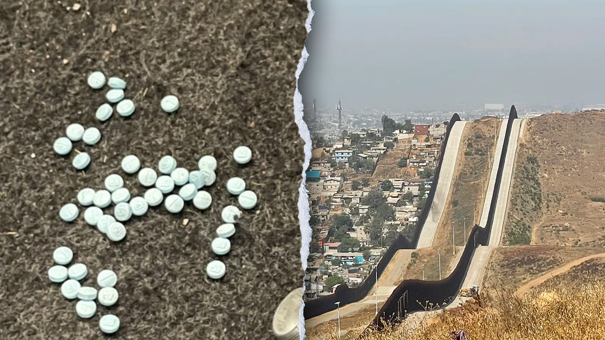 fentanyl pills, left; border wall, right