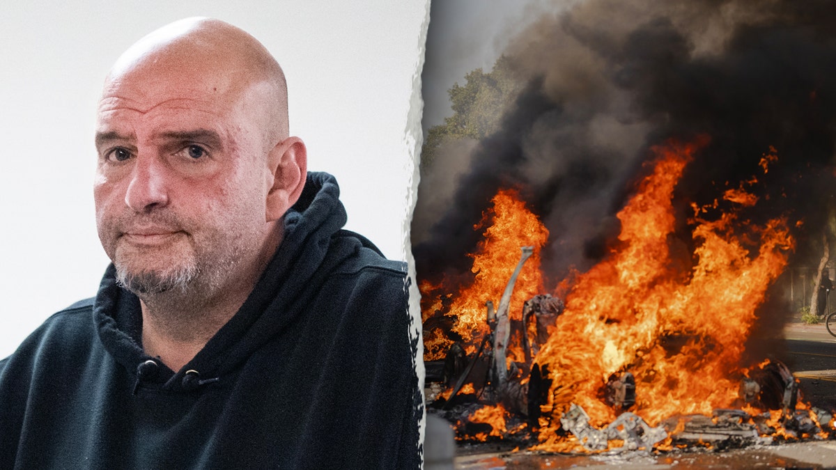 Left: Sen. John Fetterman; Right: Vehicles burn in Los Angeles