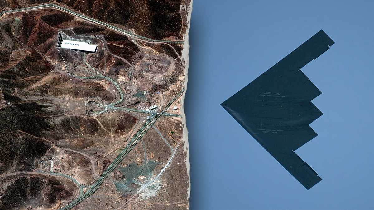 Iran's Fordow nuclear site and a stealth bomber B-2 flying in the sky
