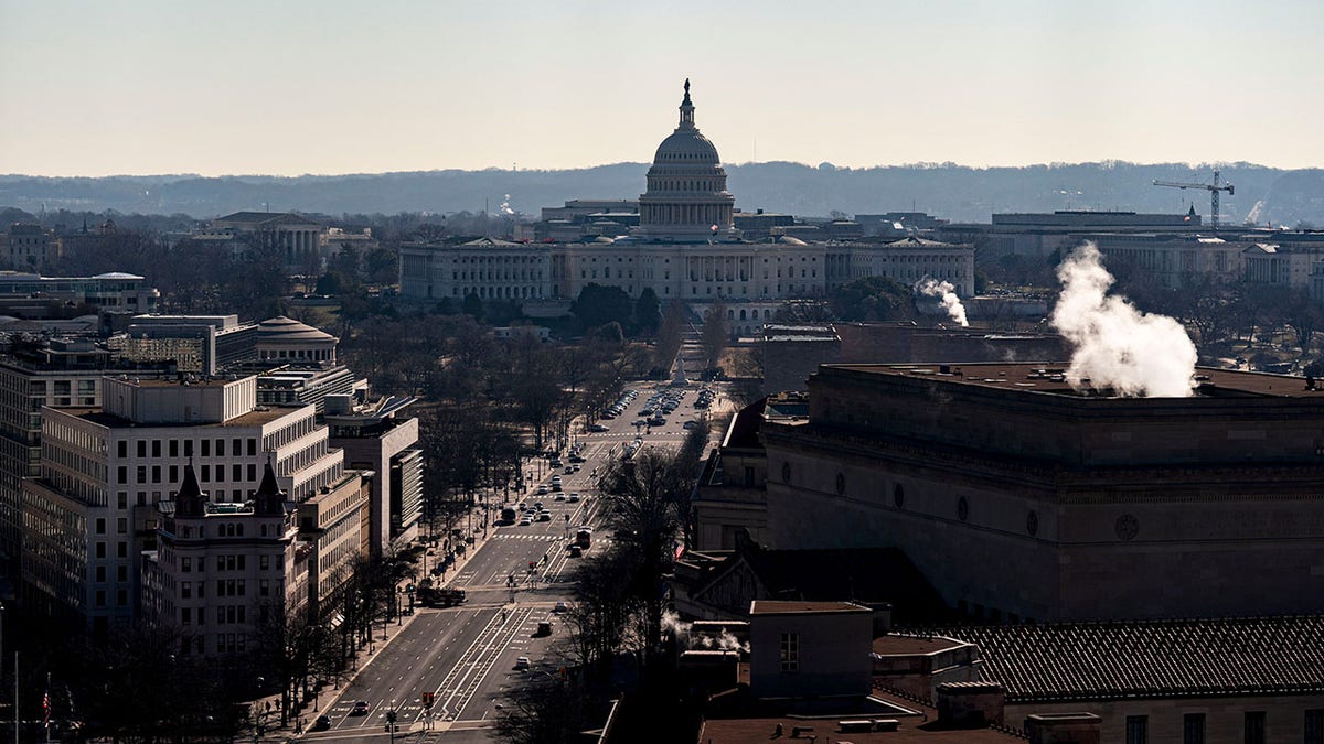 US Capitol seen looking east from aerial shot