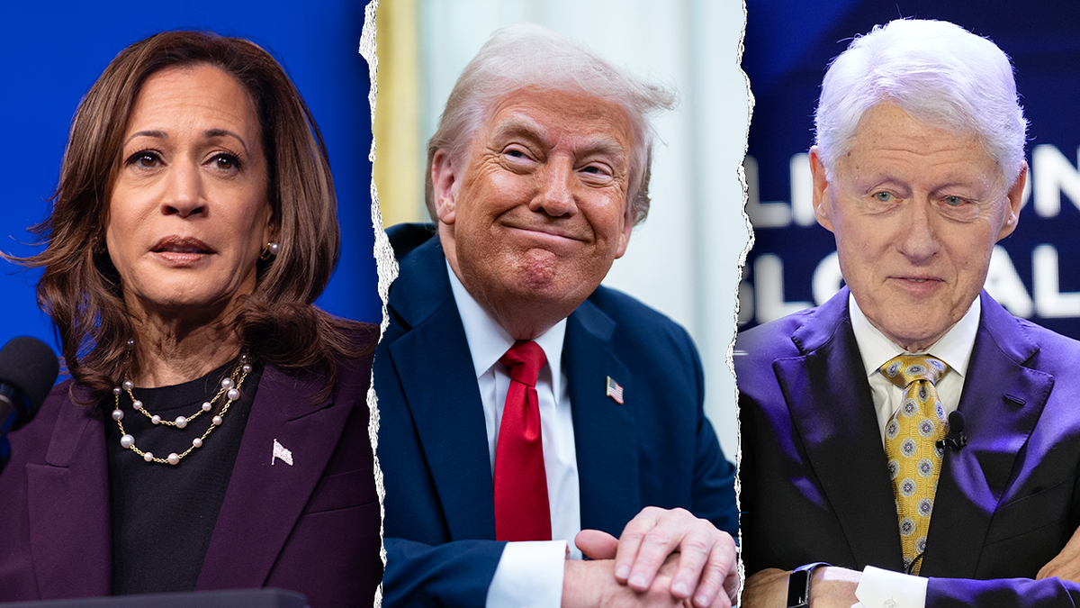 Trump, smiling, center, with Kamala Harris, Bill Clinton left and right