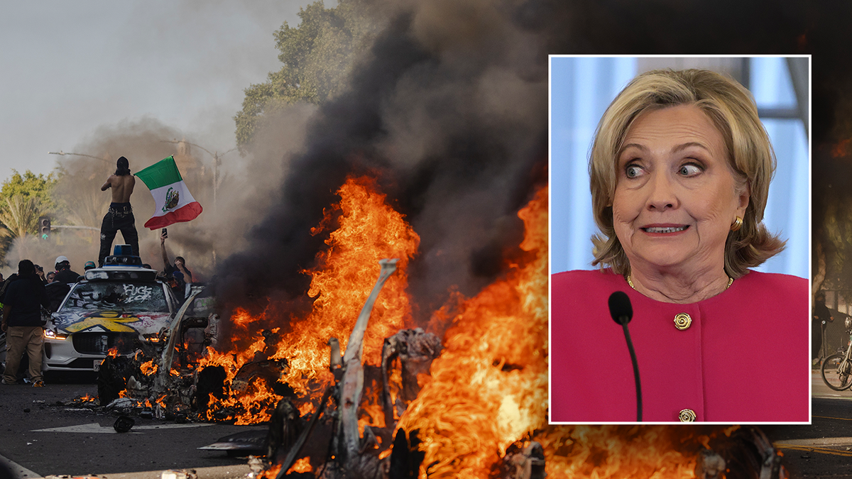 LA riot, main image; right inset: Hillary Clinton