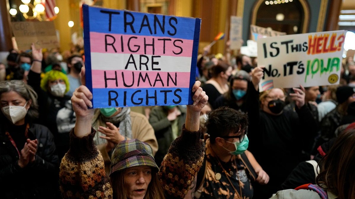 trans rights protesters with signs