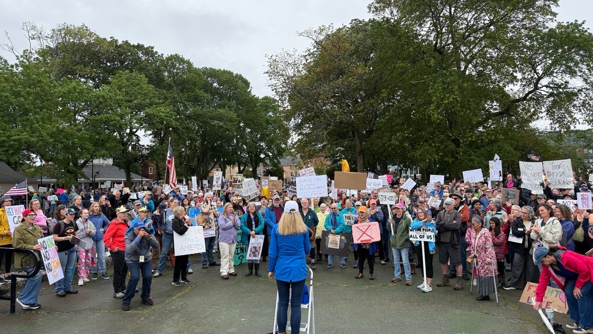 Democratic congressional candidate Maura Sullivan speaks at a "No Kings" rally in Portsmouth, N.H. on Jun. 14, 2025.