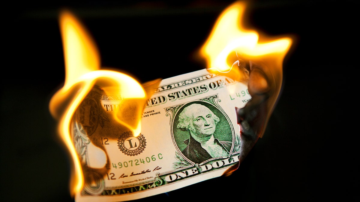 One dollar bill on fire