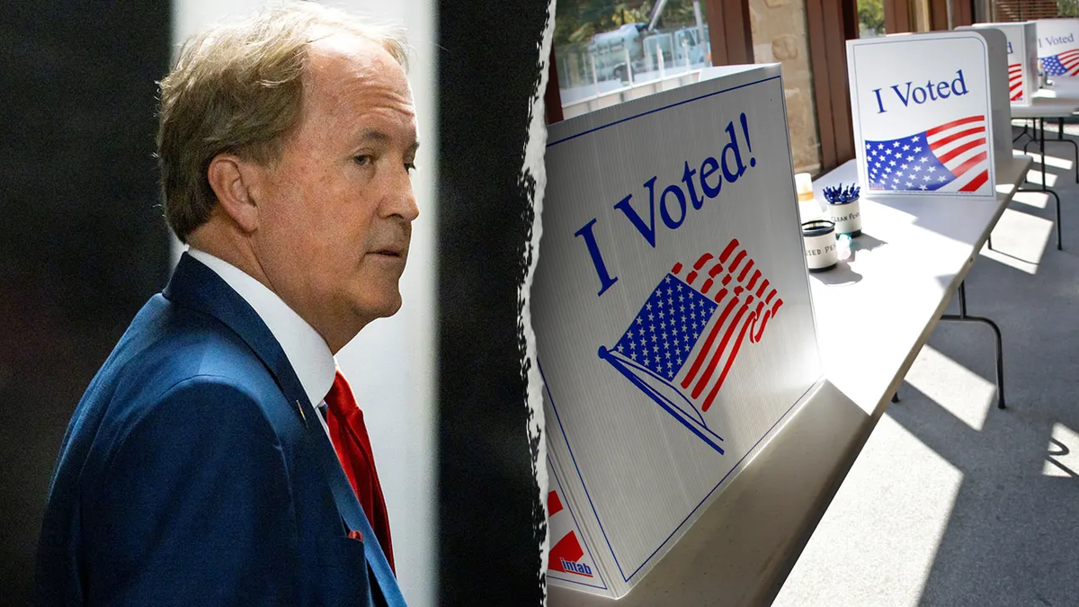 profile shot of Ken Paxton, left; I VOTED ballot boxes, right