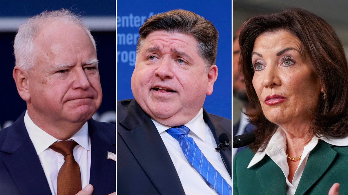 Split image shows Minnesota Gov. Tim Walz, Illinois Gov. J.B. Pritzker and New York Gov. Kathy Hochul.
