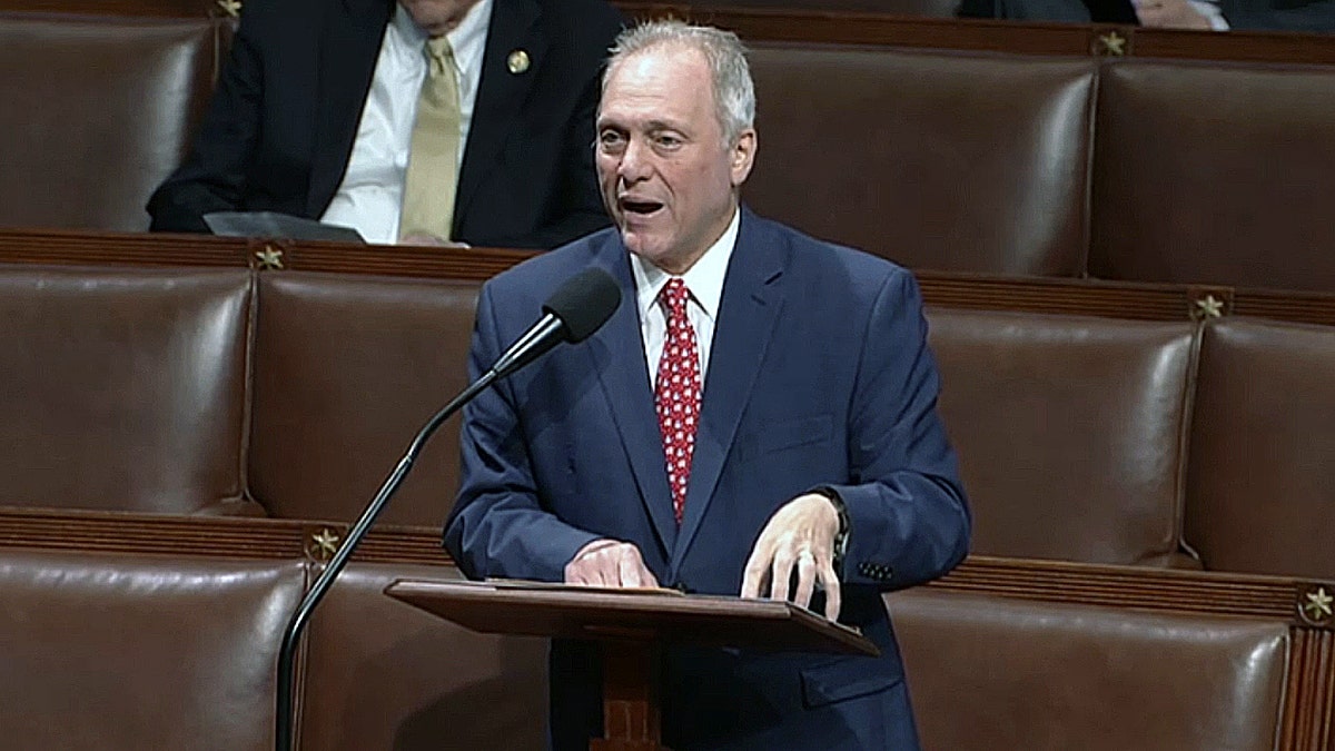 Rep. Steve Scalise speaks at the House podium, defending Republican budget cuts during floor debate