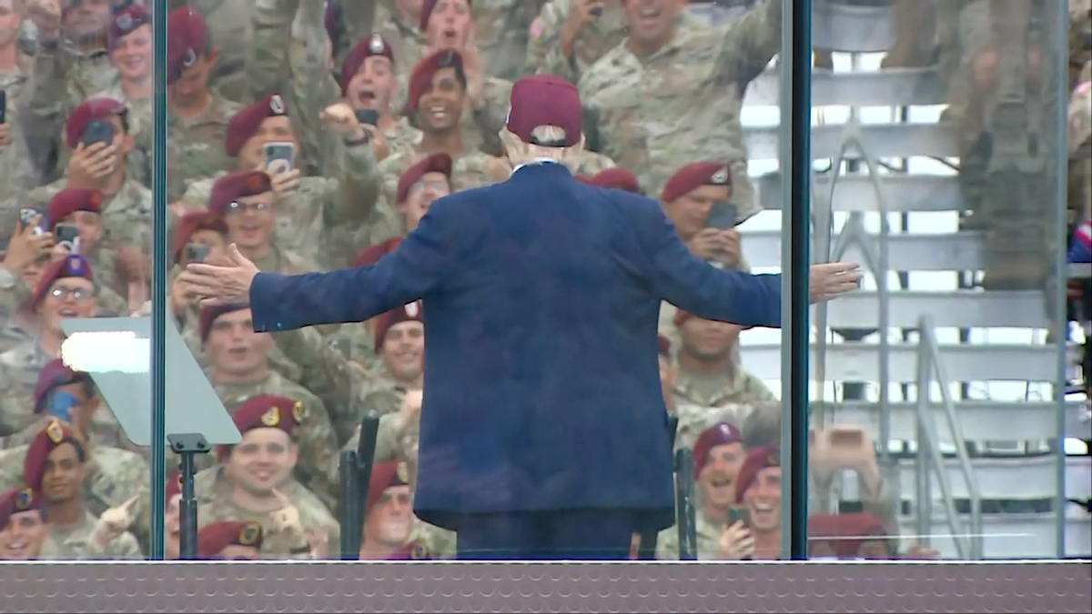 President Donald Trump facing the troops at Fort Bragg