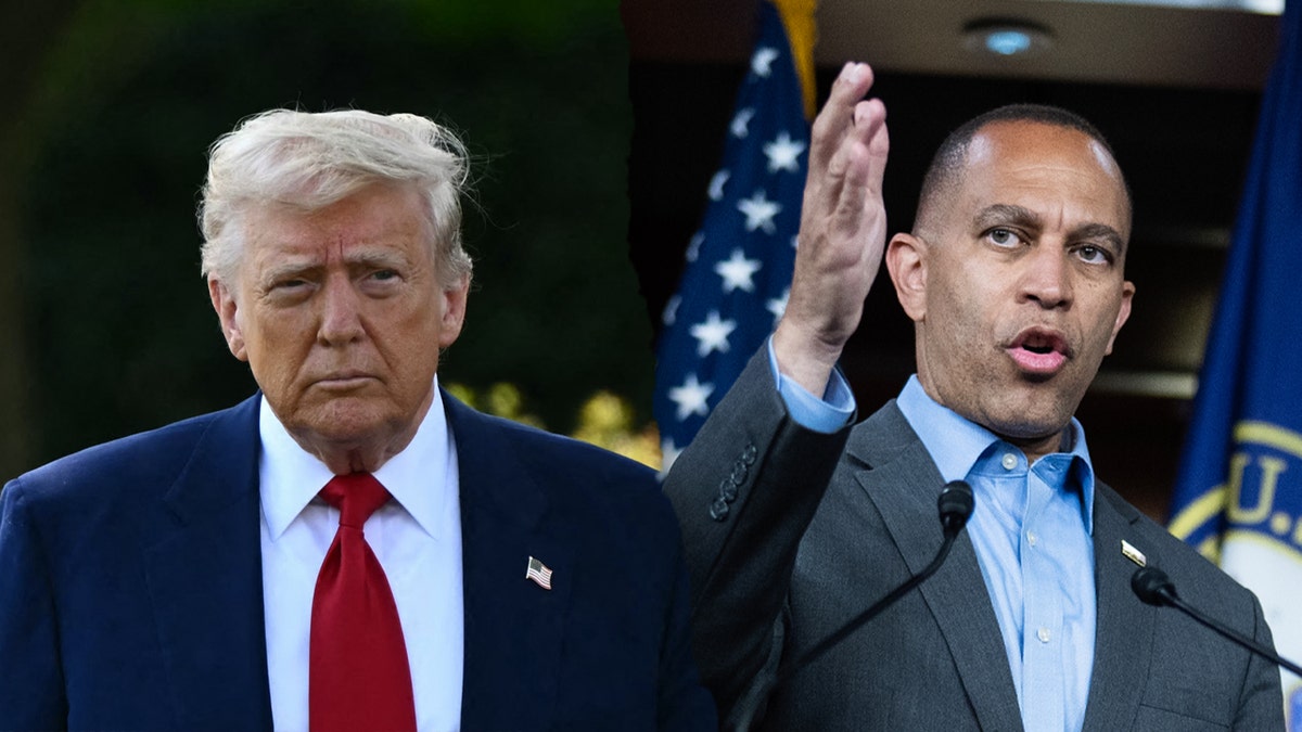Split of Trump walking outside and Hakeem Jeffries speaking with his hand up