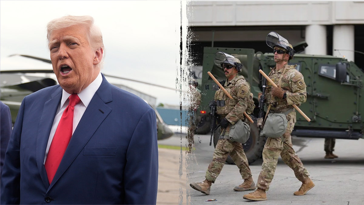 Trump, left; National Guard, right