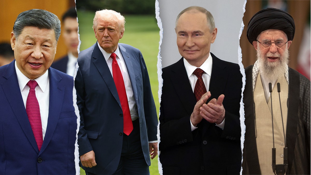 Xi wearing a red tie, Trump walking outside, Putin clapping, Khameini looks on in 4-way split