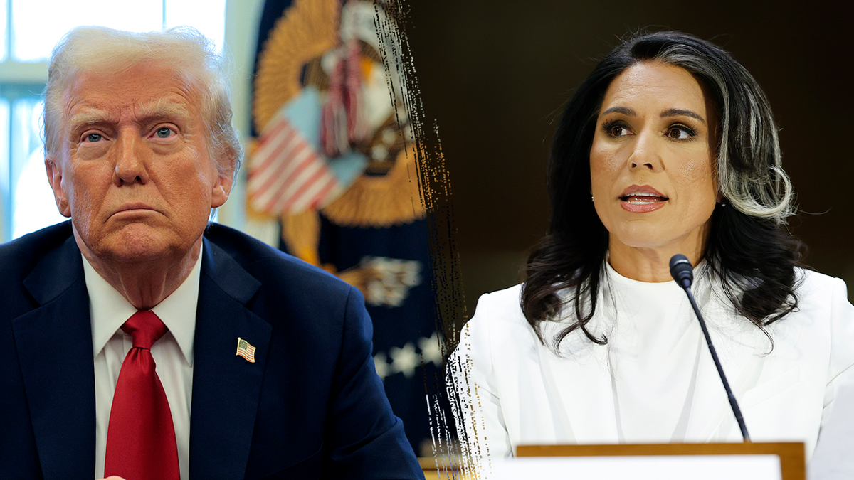 President Donald Trump in the Oval Office and DNI Tusli Gabbard wearing white in split image