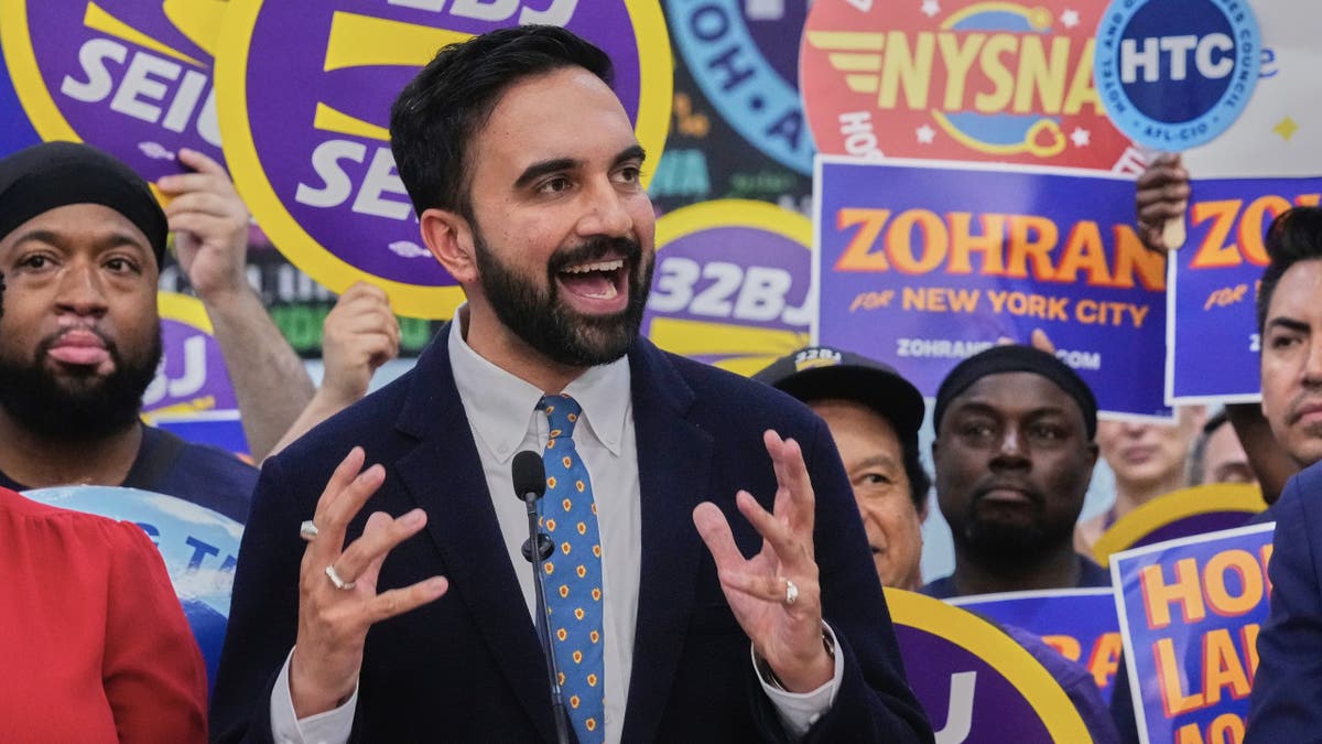 Democrat socialist Zohran Mamdani, wo is the Democratic Party's nominee for mayor in New York City, speaks during a campaign rally, on Wednesday, July 2, 2025. (AP Photo/Richard Drew)
