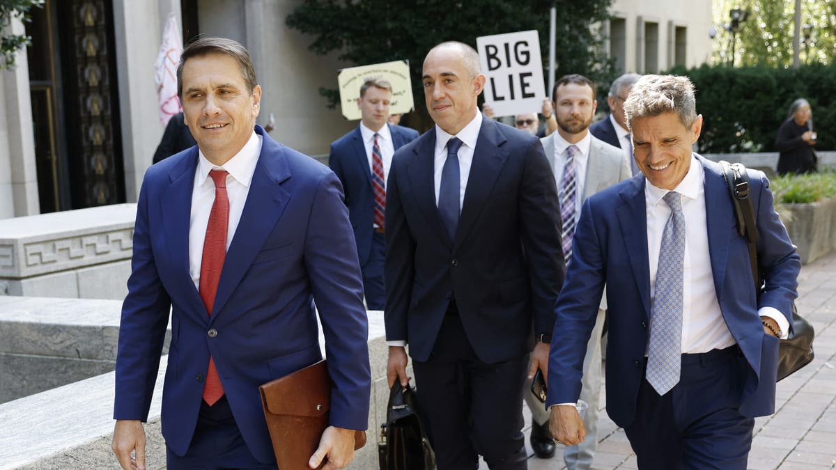 Trump attorneys Todd Blanche, Emil Bove, and John Lauro leave federal court in D.C. after a hearing on election interference, following the Supreme Court’s immunity ruling.
