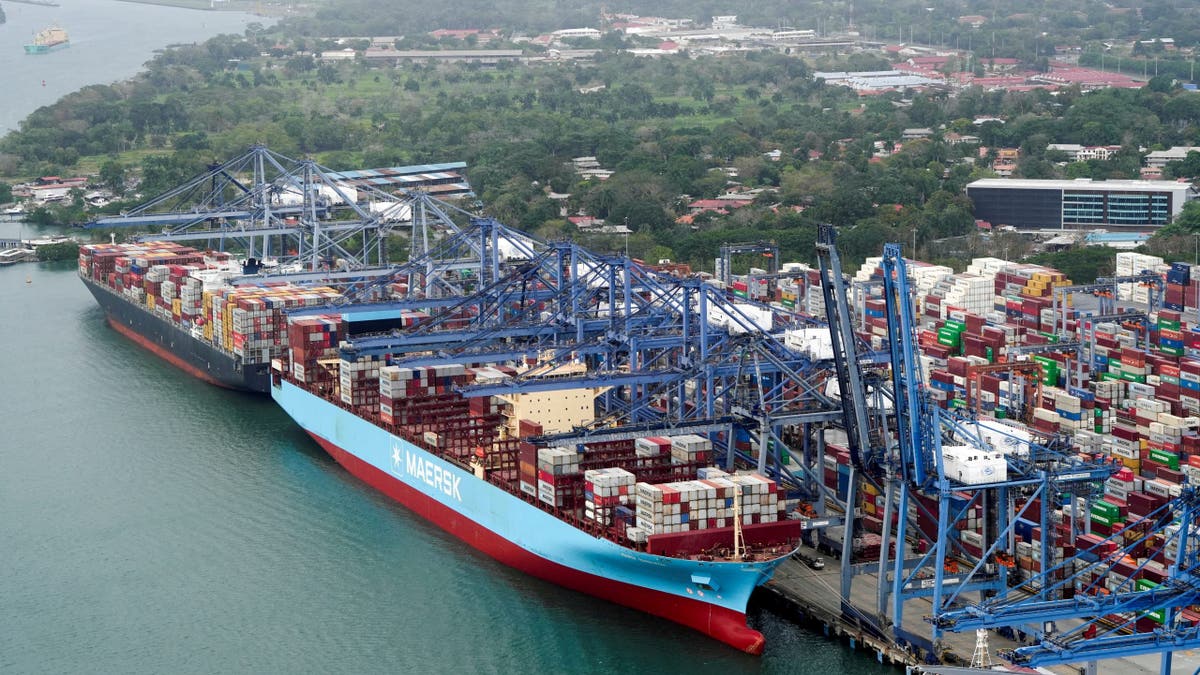 An aerial view shows cargo vessels docked at Balboa Port, operated by Panama Ports Company, on the Panama Canal in Panama City on Feb. 1, 2025.